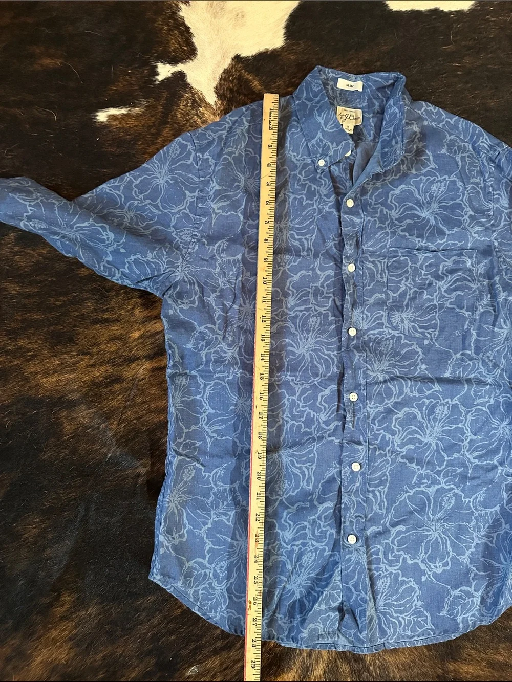 J. Crew Linen Button Up Long Sleeve Shirt, Blue Tropical Floral Men's M Slim Fit